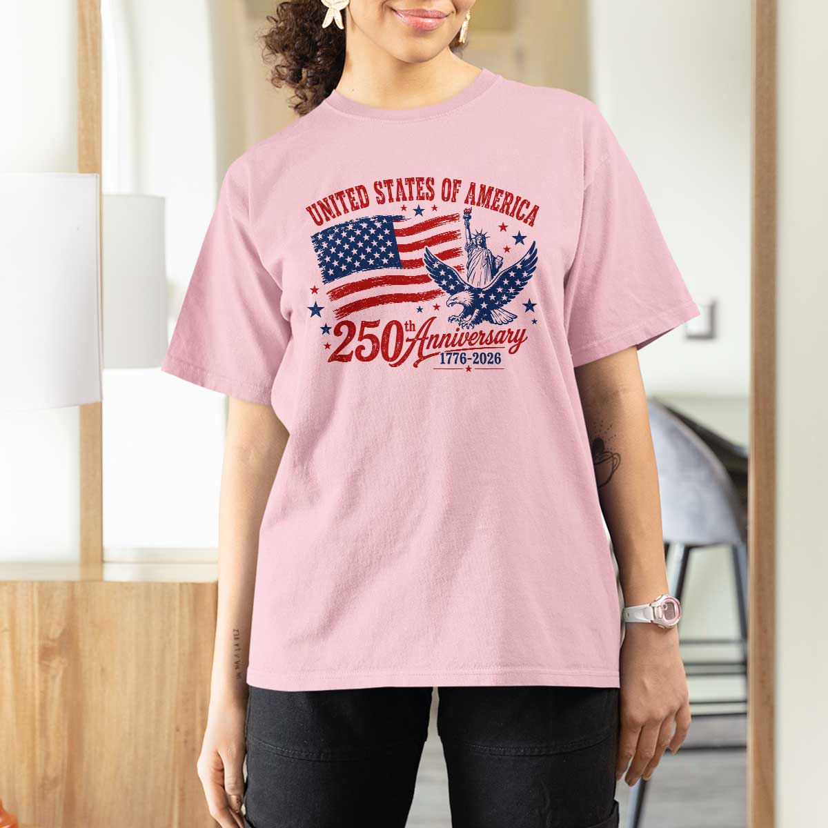 USA 250th Anniversary T Shirt For Women Land Of The Free USA Patriotic 1776 2026 Statue Of Liberty Eagle Flag