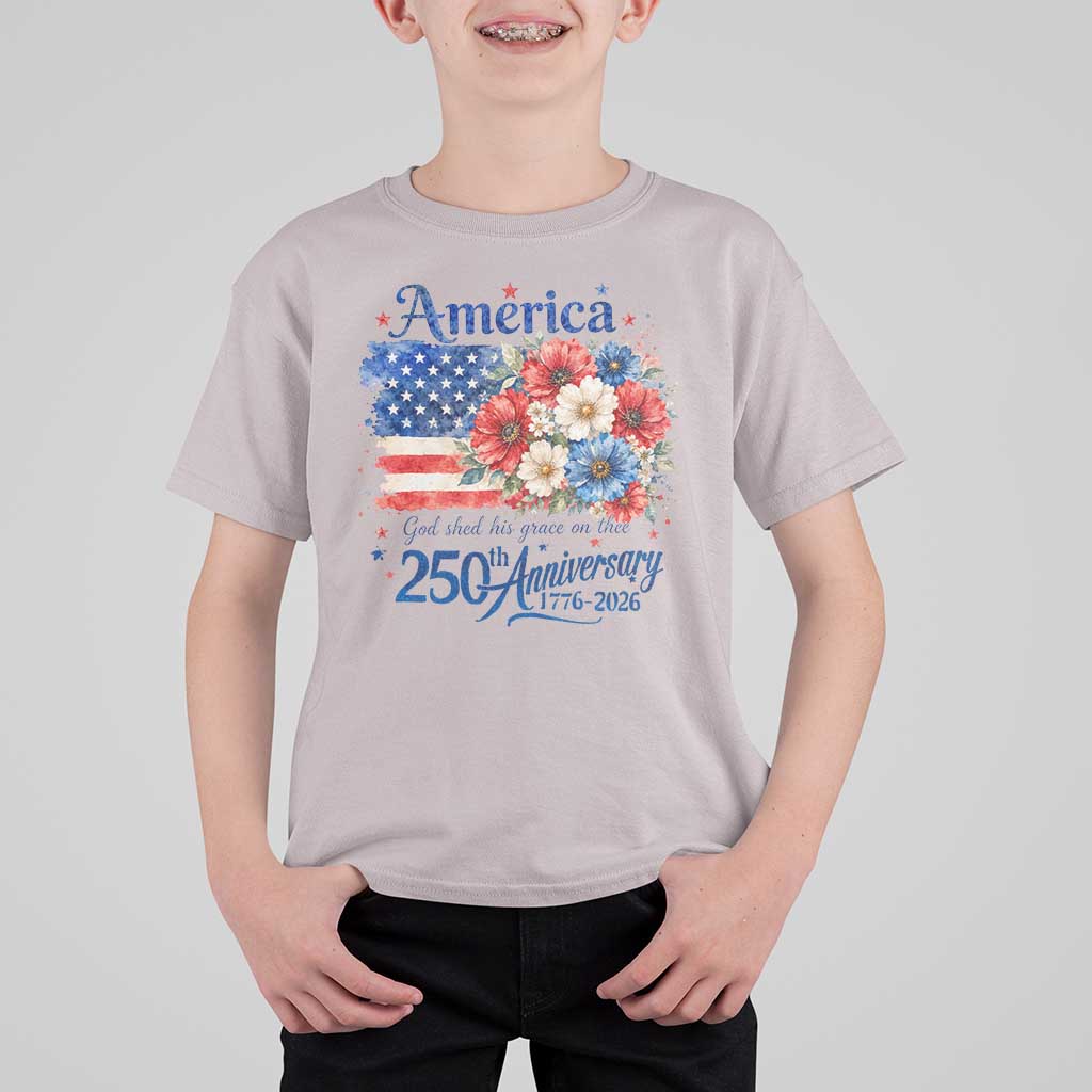 God 250th Anniversary USA Flag Floral T Shirt For Kid Patriotic Freedom 4th of July 250 Years America