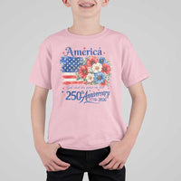 God 250th Anniversary USA Flag Floral T Shirt For Kid Patriotic Freedom 4th of July 250 Years America