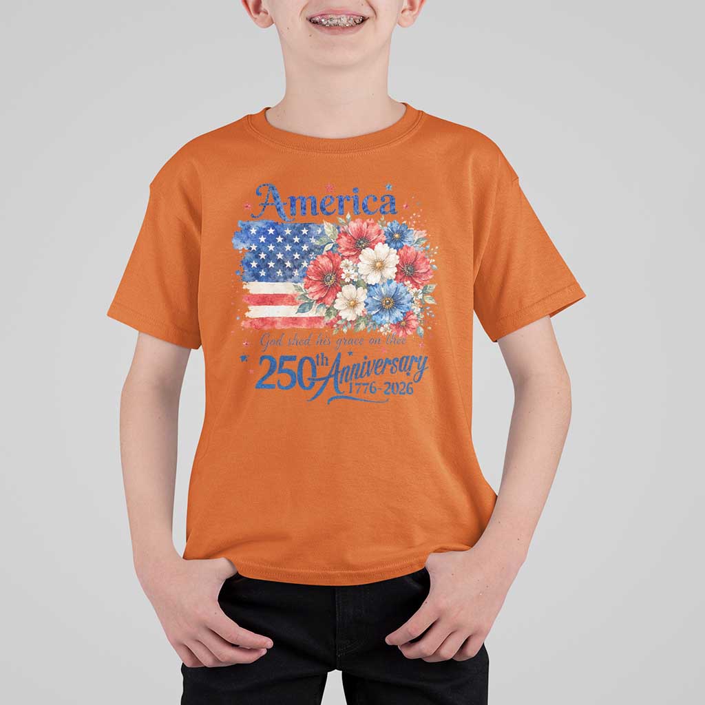 God 250th Anniversary USA Flag Floral T Shirt For Kid Patriotic Freedom 4th of July 250 Years America