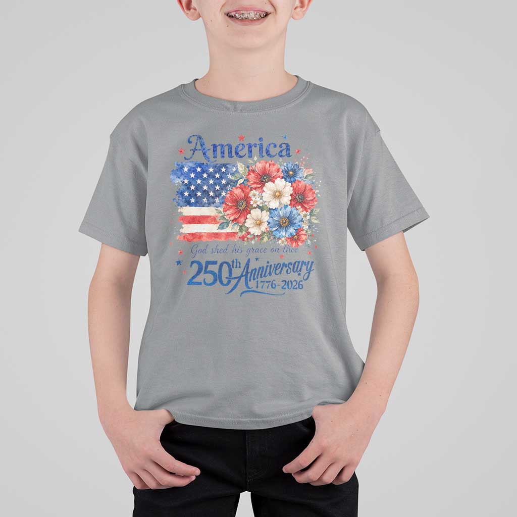 God 250th Anniversary USA Flag Floral T Shirt For Kid Patriotic Freedom 4th of July 250 Years America