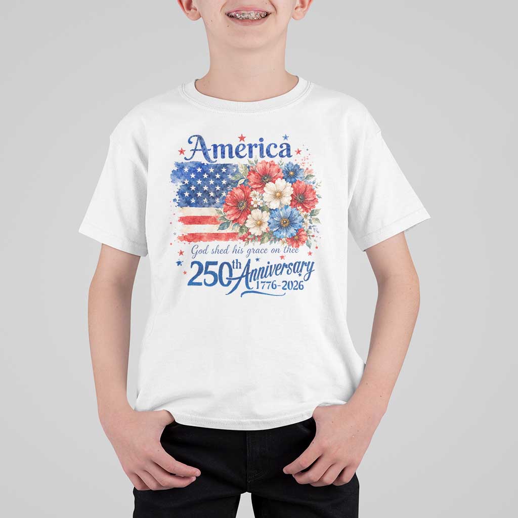 God 250th Anniversary USA Flag Floral T Shirt For Kid Patriotic Freedom 4th of July 250 Years America