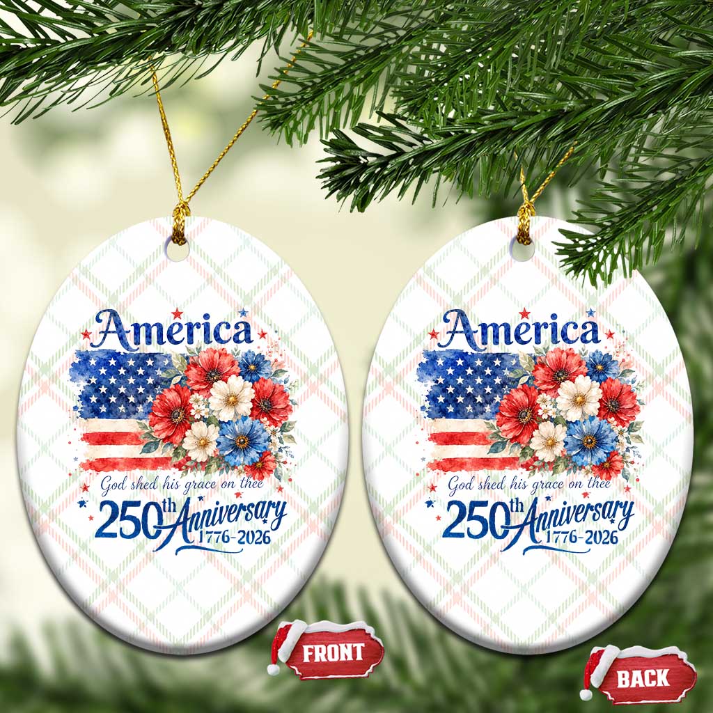 God 250th Anniversary USA Flag Floral Ceramic Ornament Patriotic Freedom 4th of July 250 Years America