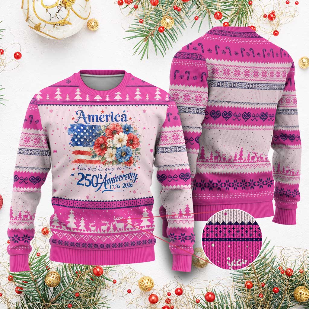God 250th Anniversary USA Flag Floral Ugly Christmas Sweater Patriotic Freedom 4th of July 250 Years America