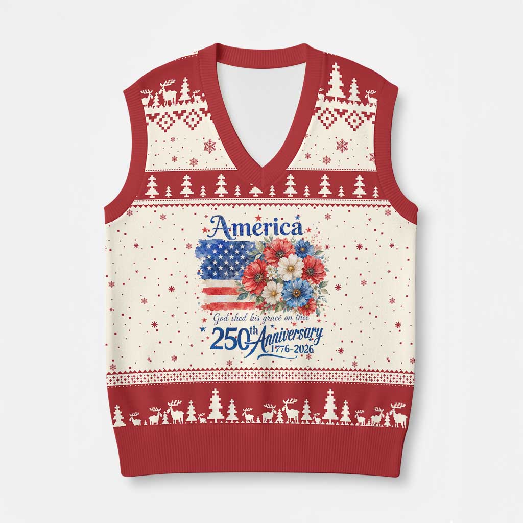 God 250th Anniversary USA Flag Floral V-Neck Knit Sweater Vest Patriotic Freedom 4th of July 250 Years America