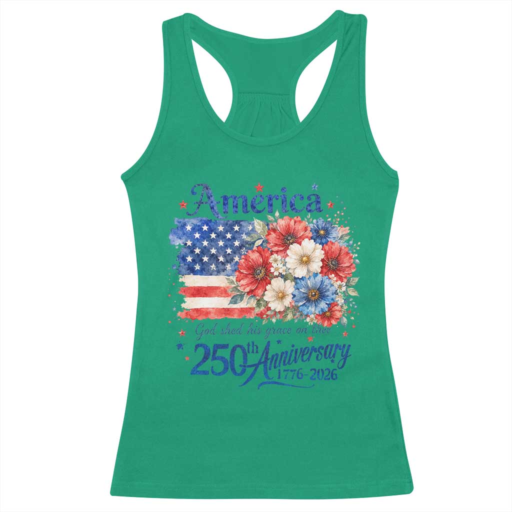 God 250th Anniversary USA Flag Floral Racerback Tank Top Patriotic Freedom 4th of July 250 Years America