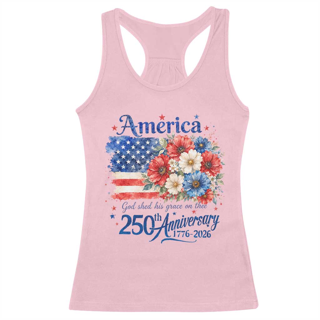 God 250th Anniversary USA Flag Floral Racerback Tank Top Patriotic Freedom 4th of July 250 Years America