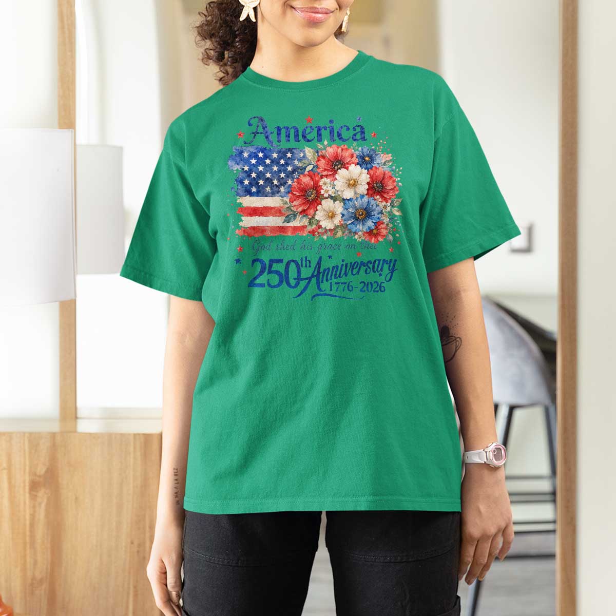 God 250th Anniversary USA Flag Floral T Shirt For Women Patriotic Freedom 4th of July 250 Years America