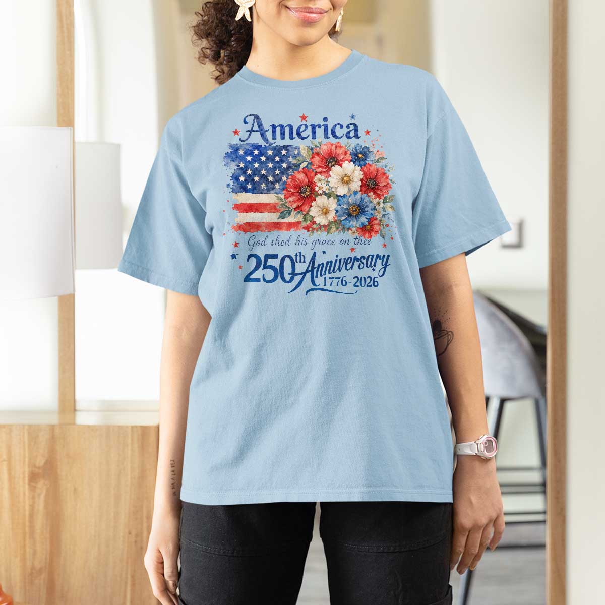 God 250th Anniversary USA Flag Floral T Shirt For Women Patriotic Freedom 4th of July 250 Years America