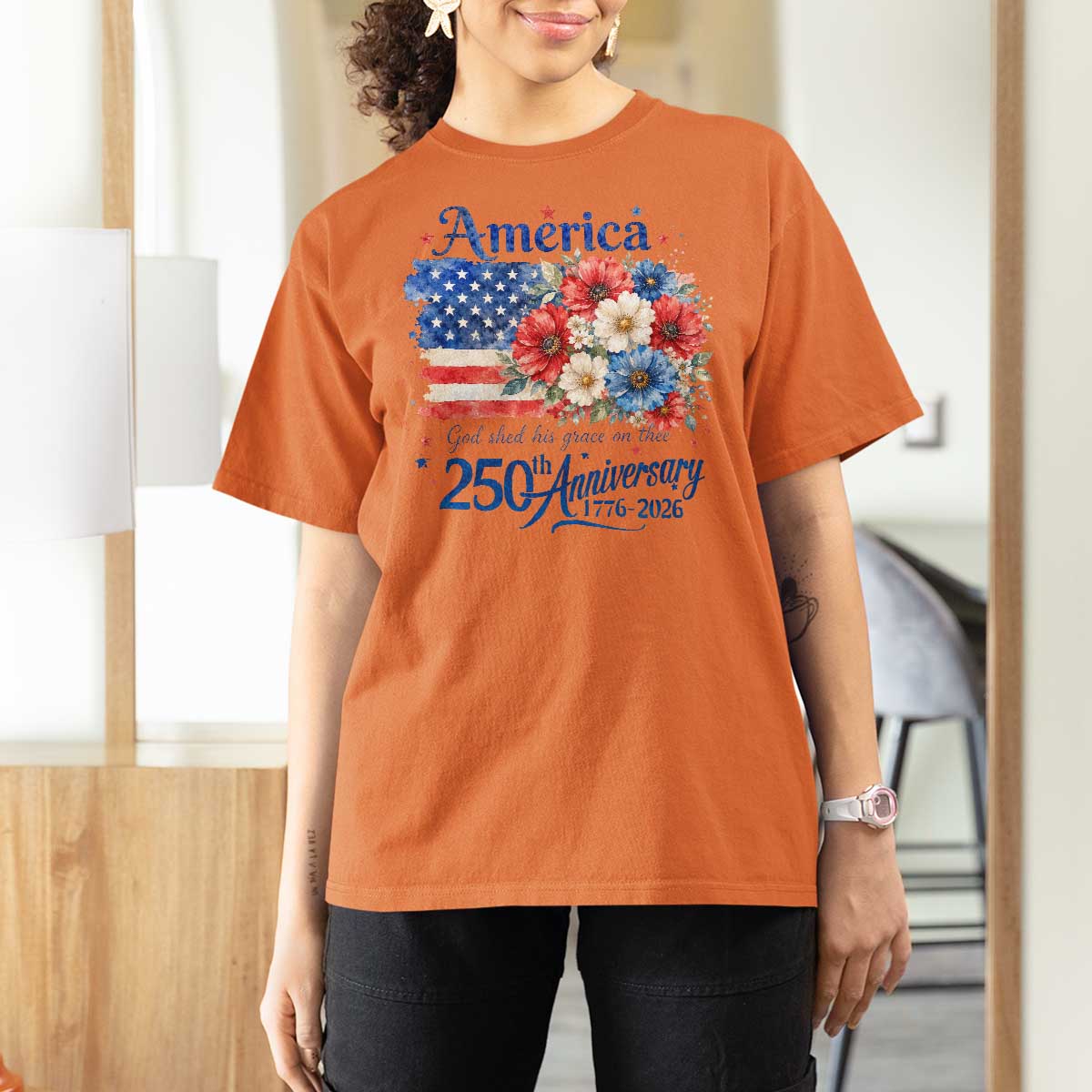 God 250th Anniversary USA Flag Floral T Shirt For Women Patriotic Freedom 4th of July 250 Years America
