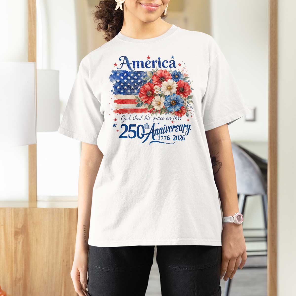 God 250th Anniversary USA Flag Floral T Shirt For Women Patriotic Freedom 4th of July 250 Years America