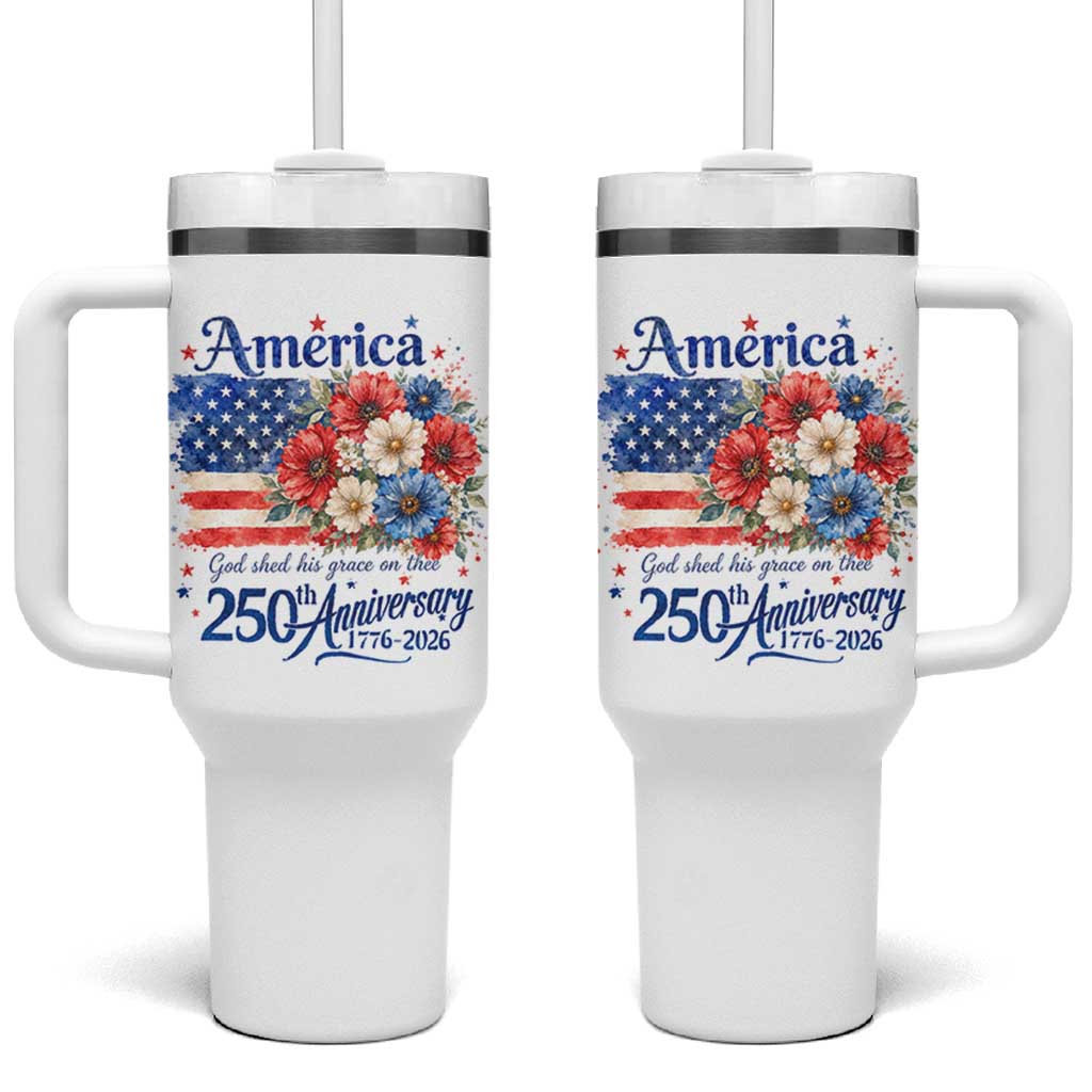 God 250th Anniversary USA Flag Floral Tumbler With Handle Patriotic Freedom 4th of July 250 Years America