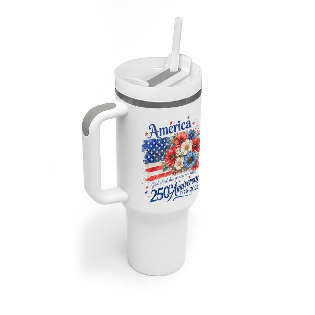 God 250th Anniversary USA Flag Floral Tumbler With Handle Patriotic Freedom 4th of July 250 Years America