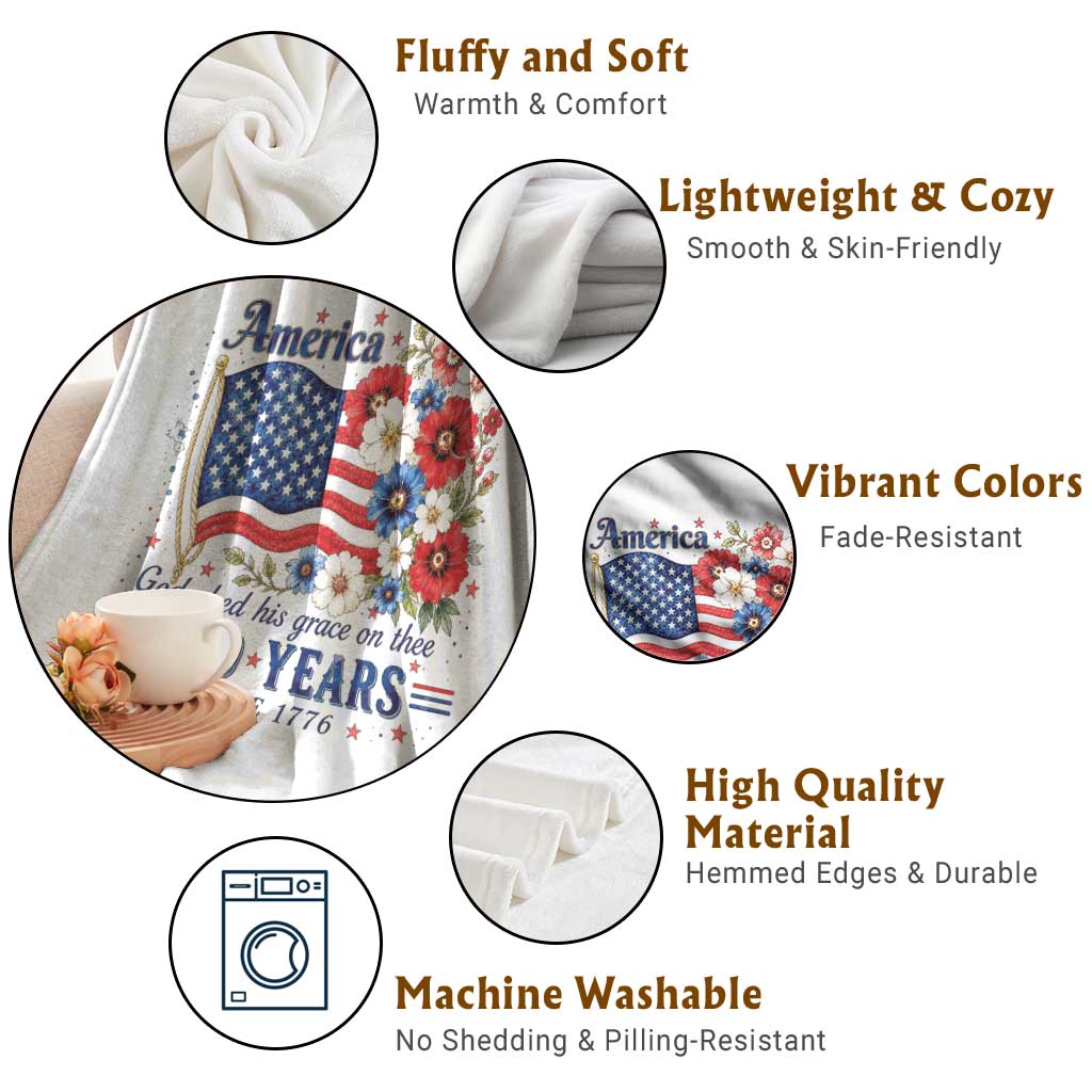 USA 250th Anniversary Flag Floral Graphic Throw Blanket 250 Years America Patriot 4th of July Patriotism Gift