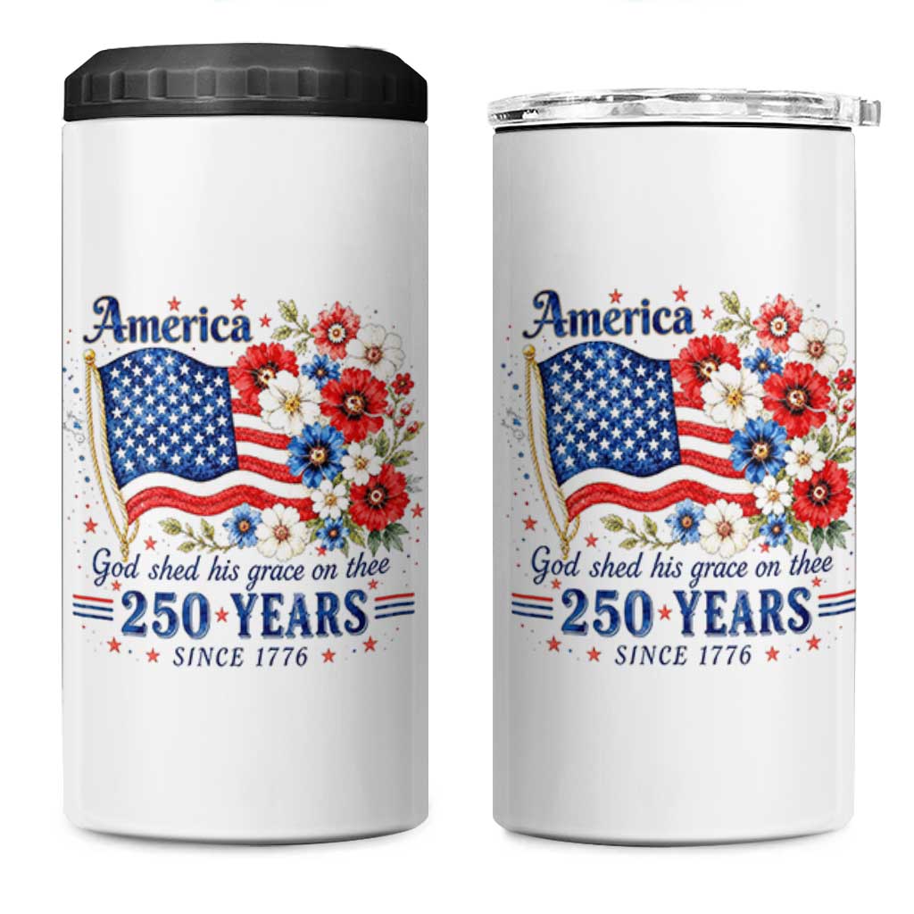 USA 250th Anniversary Flag Floral Graphic 4 in 1 Can Cooler Tumbler 250 Years America Patriot 4th of July Patriotism Gift