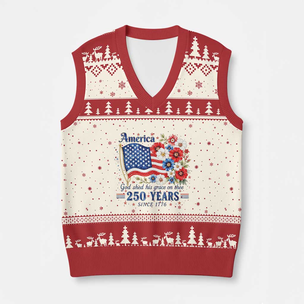 USA 250th Anniversary Flag Floral Graphic V-Neck Knit Sweater Vest 250 Years America Patriot 4th of July Patriotism Gift