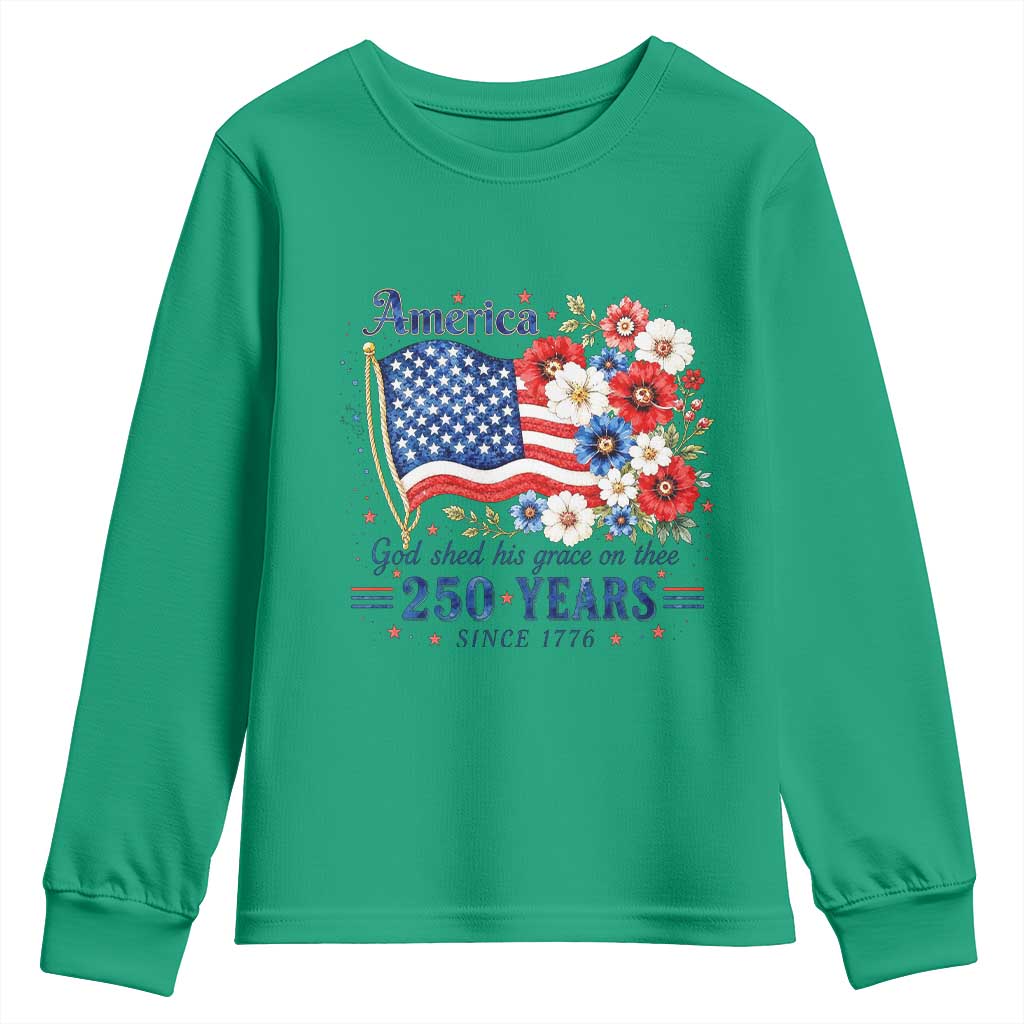 USA 250th Anniversary Flag Floral Graphic Youth Sweatshirt 250 Years America Patriot 4th of July Patriotism Gift
