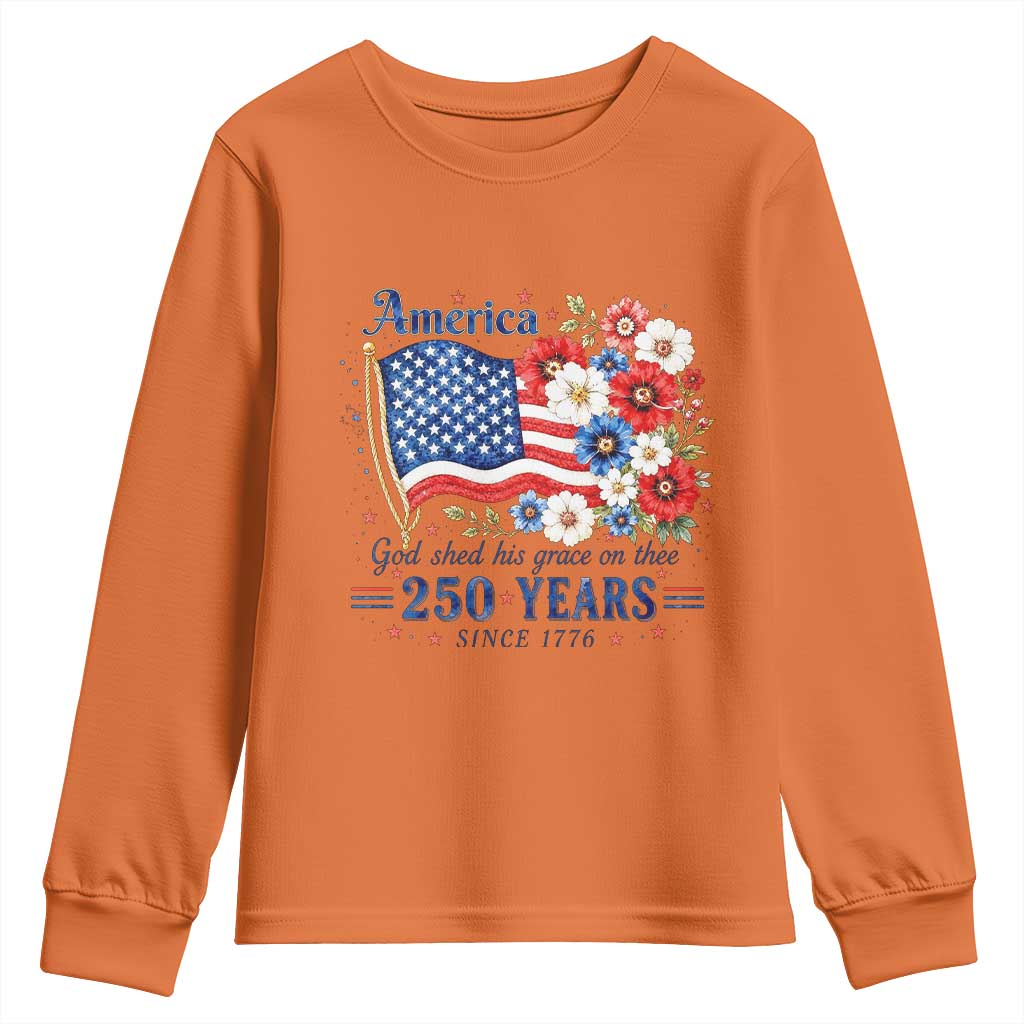 USA 250th Anniversary Flag Floral Graphic Youth Sweatshirt 250 Years America Patriot 4th of July Patriotism Gift