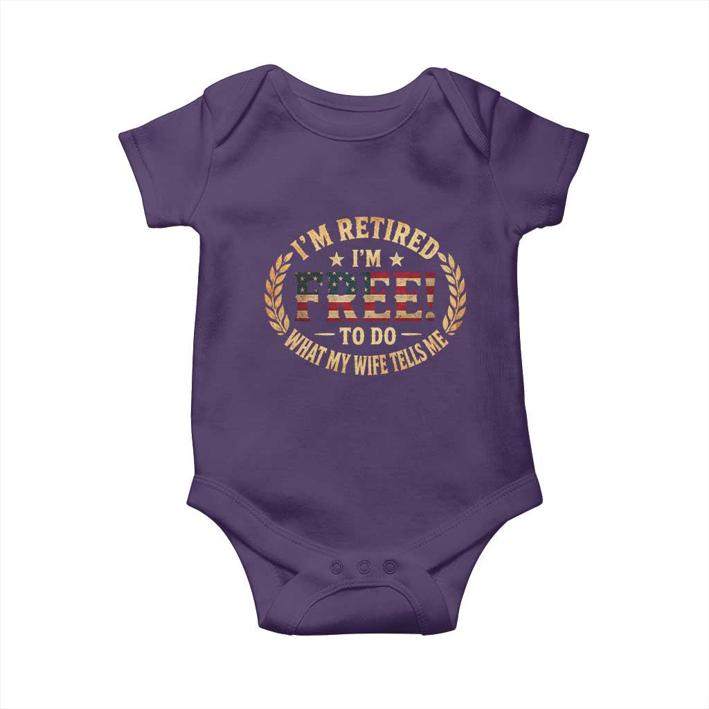 Retirement Gift for Husband Baby Onesie Retired Im Free To Do What My Wife Tells Me Retro US Flag