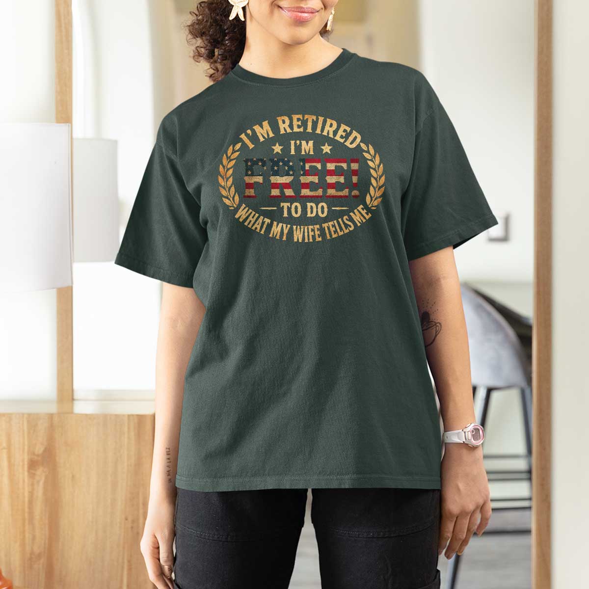 Retirement Gift for Husband T Shirt For Women Retired Im Free To Do What My Wife Tells Me Retro US Flag