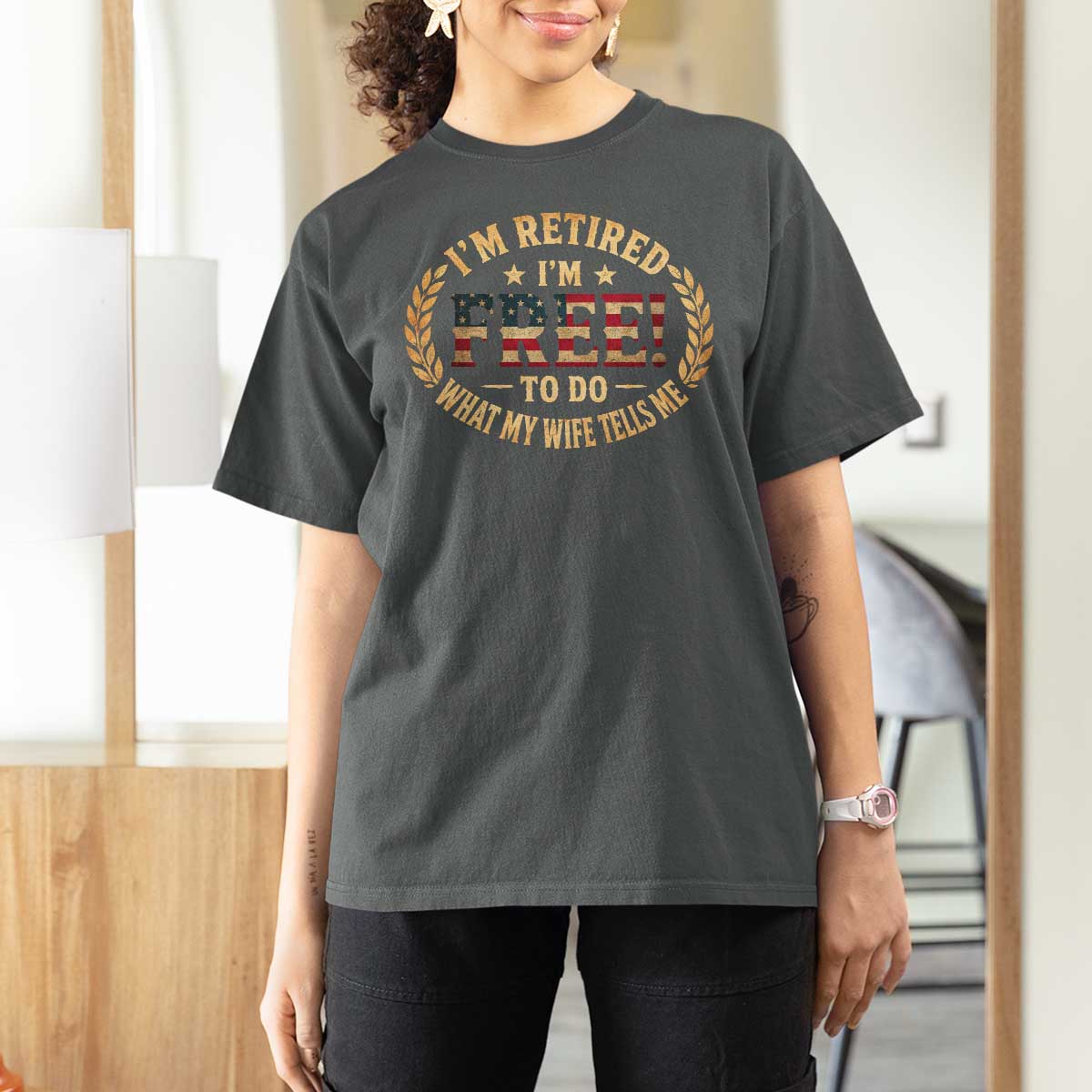 Retirement Gift for Husband T Shirt For Women Retired Im Free To Do What My Wife Tells Me Retro US Flag