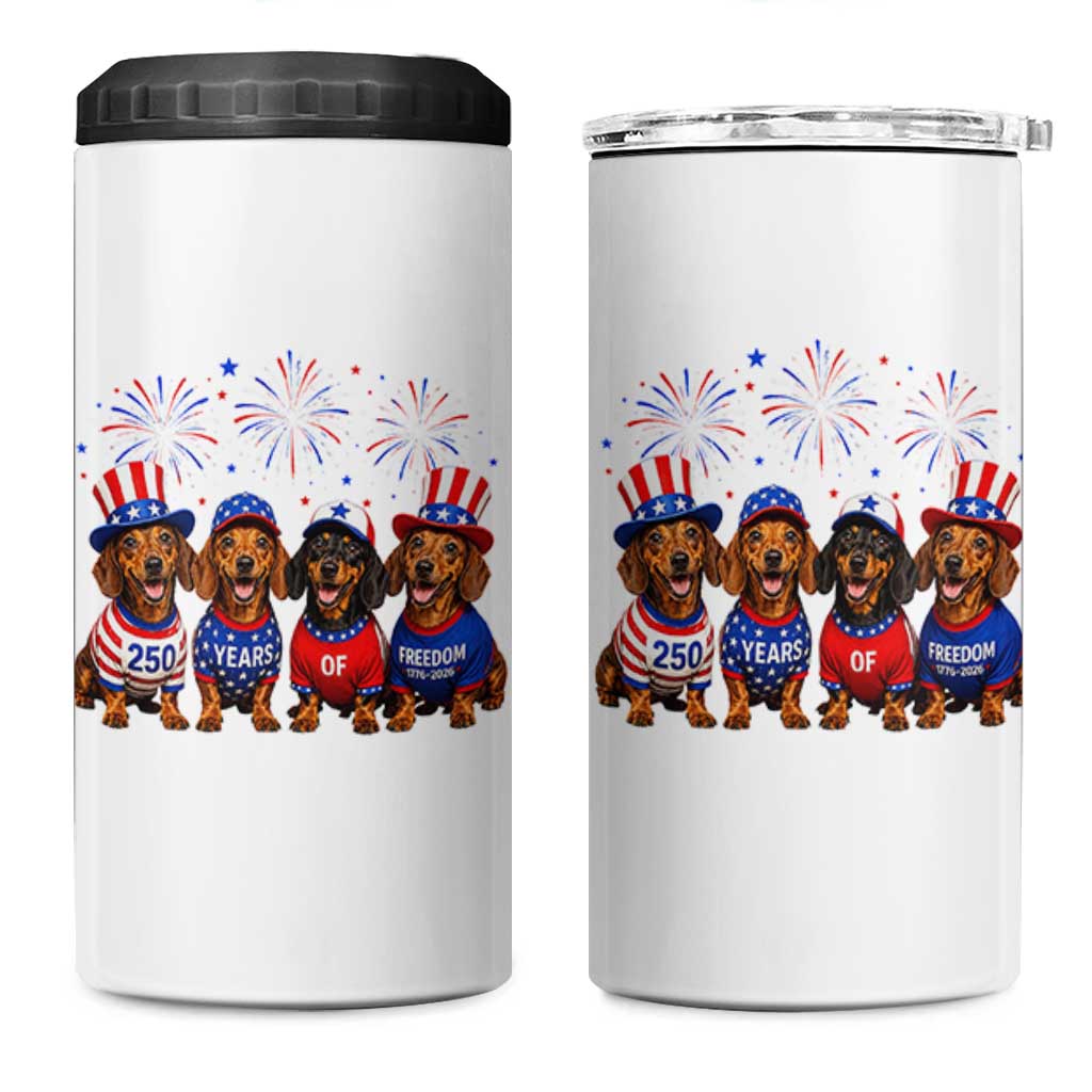 Vintage Patriotic Dachshund 250 Anniversary USA 4 in 1 Can Cooler Tumbler Freedom 250 Years Weiner Dog Lovers Dad Mom