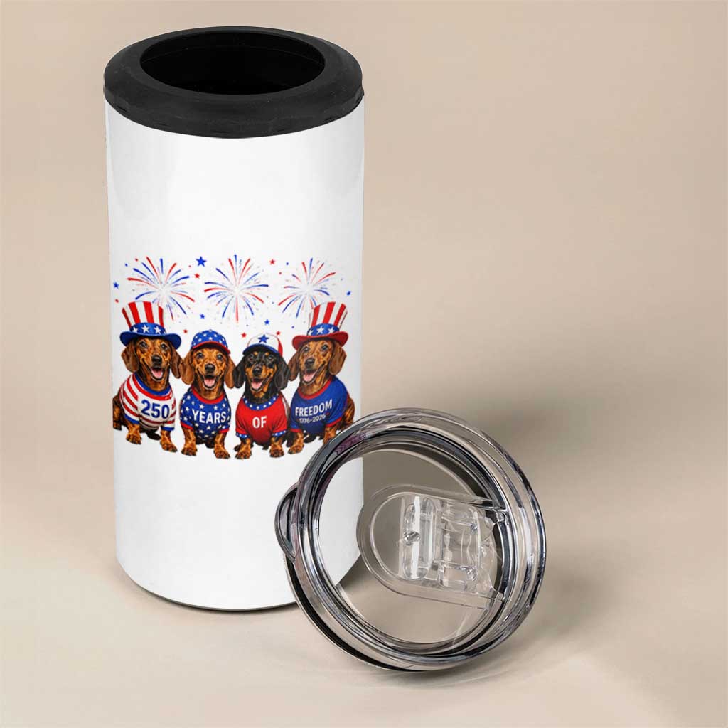 Vintage Patriotic Dachshund 250 Anniversary USA 4 in 1 Can Cooler Tumbler Freedom 250 Years Weiner Dog Lovers Dad Mom