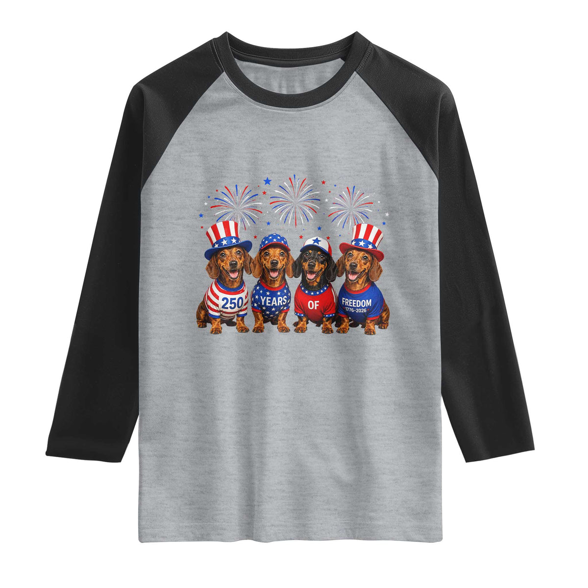Vintage Patriotic Dachshund 250 Anniversary USA Raglan Shirt Freedom 250 Years Weiner Dog Lovers Dad Mom