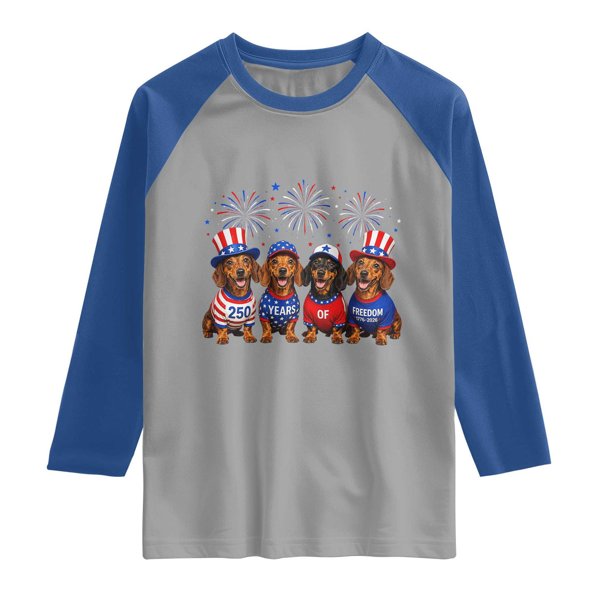 Vintage Patriotic Dachshund 250 Anniversary USA Raglan Shirt Freedom 250 Years Weiner Dog Lovers Dad Mom