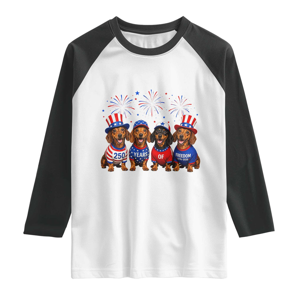 Vintage Patriotic Dachshund 250 Anniversary USA Raglan Shirt Freedom 250 Years Weiner Dog Lovers Dad Mom