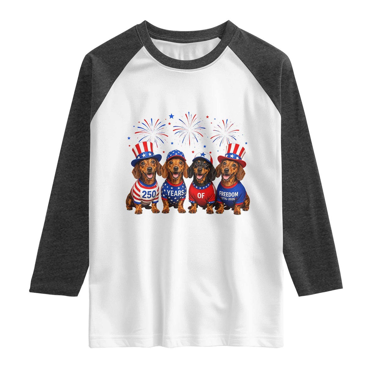 Vintage Patriotic Dachshund 250 Anniversary USA Raglan Shirt Freedom 250 Years Weiner Dog Lovers Dad Mom