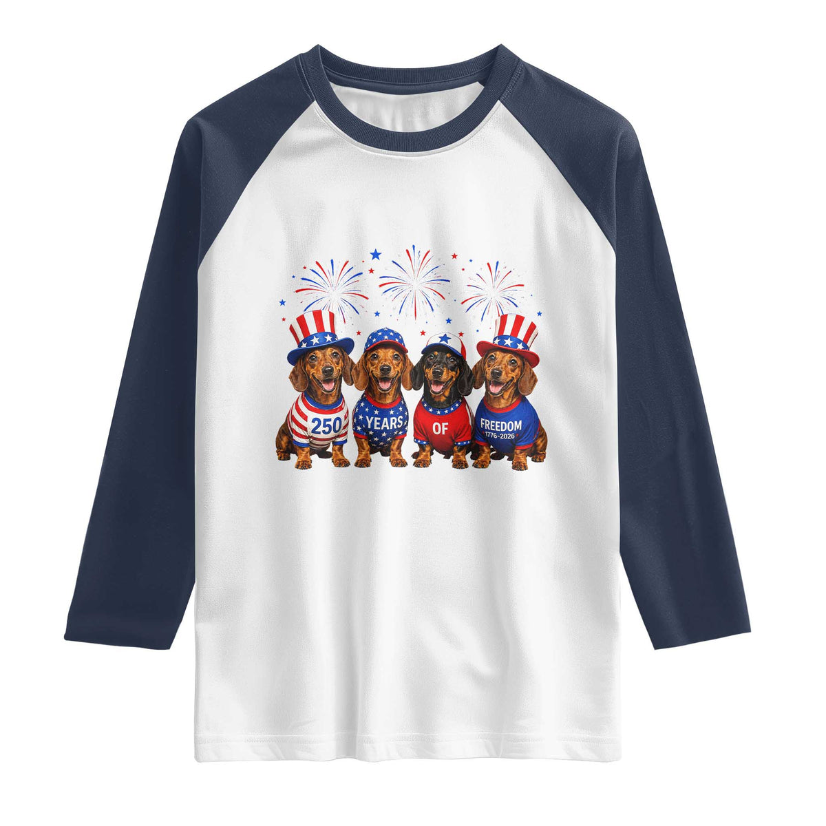 Vintage Patriotic Dachshund 250 Anniversary USA Raglan Shirt Freedom 250 Years Weiner Dog Lovers Dad Mom