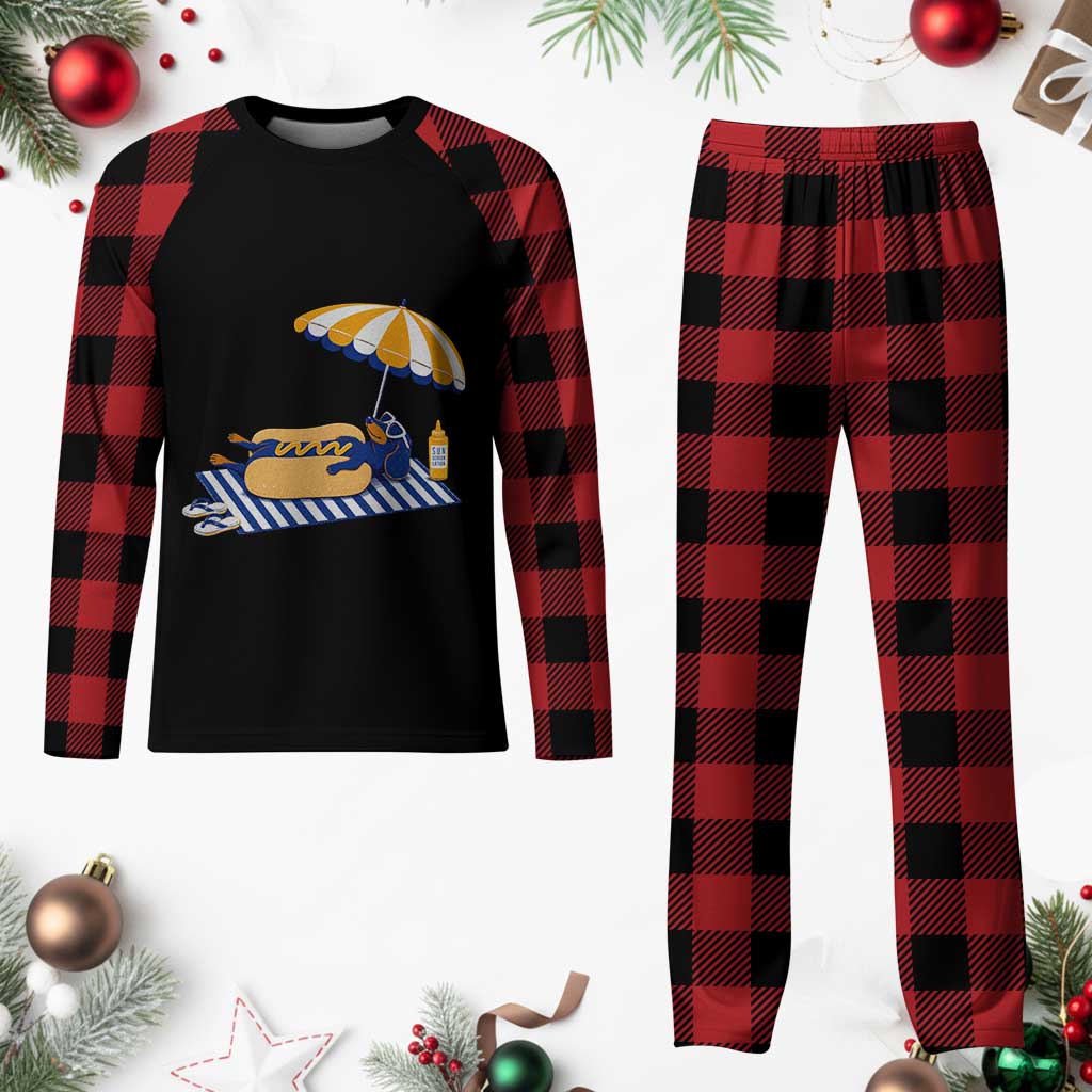 Funny Sausage Dog Plaid Pajama Set Retro Summer Hot Dog Graphic Dachshund Dog Lover Gift