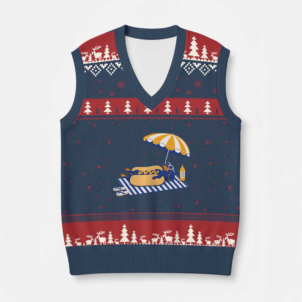 Funny Sausage Dog V-Neck Knit Sweater Vest Retro Summer Hot Dog Graphic Dachshund Dog Lover Gift
