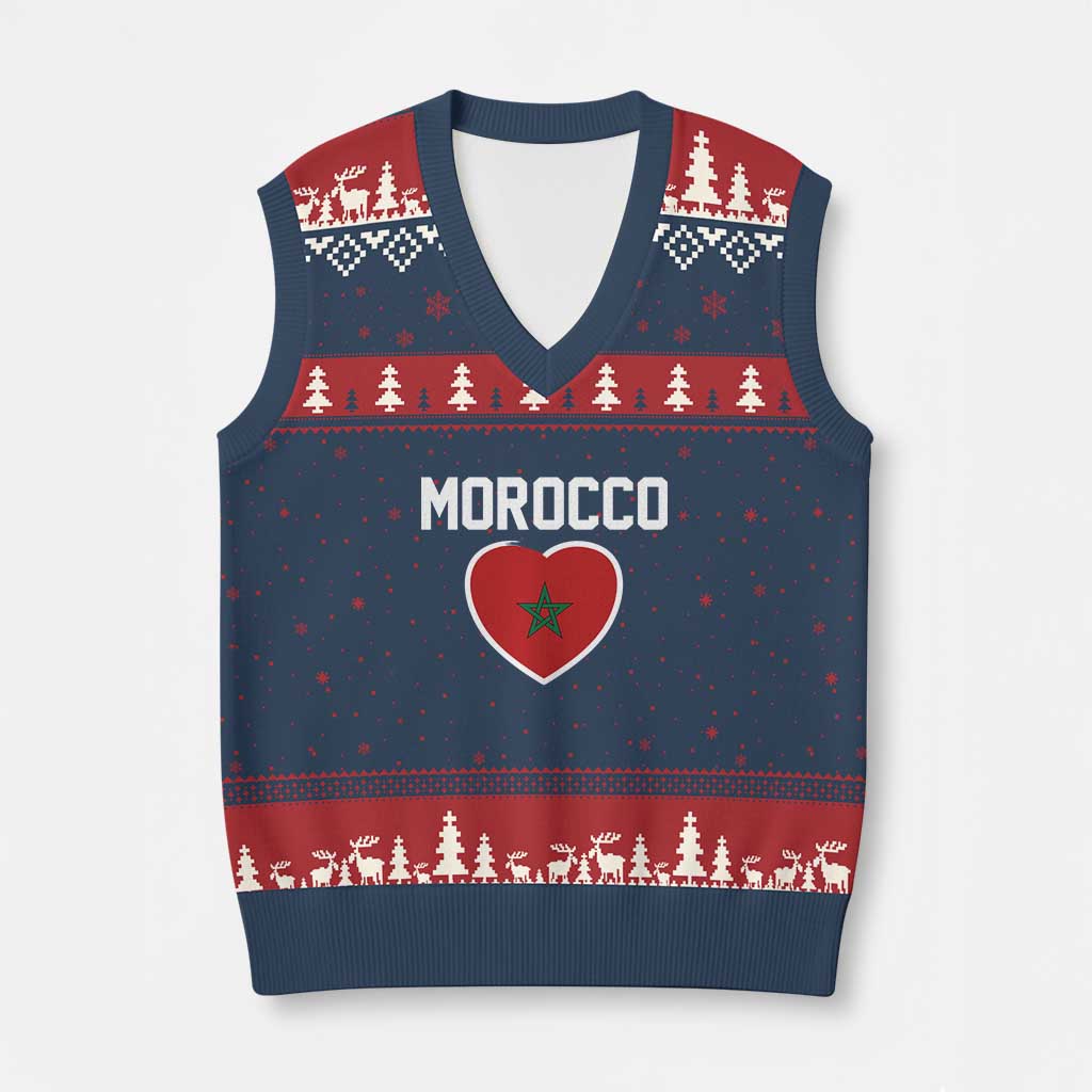 Morocco Heart Flag V-Neck Knit Sweater Vest Patriotic Love Gift for Proud Moroccan