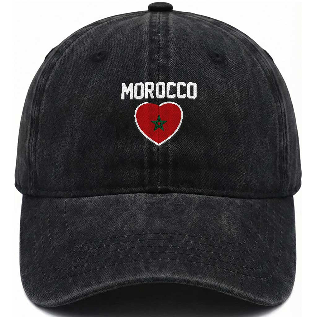 Morocco Heart Flag Washed Cotton Baseball Cap Patriotic Love Gift for Proud Moroccan