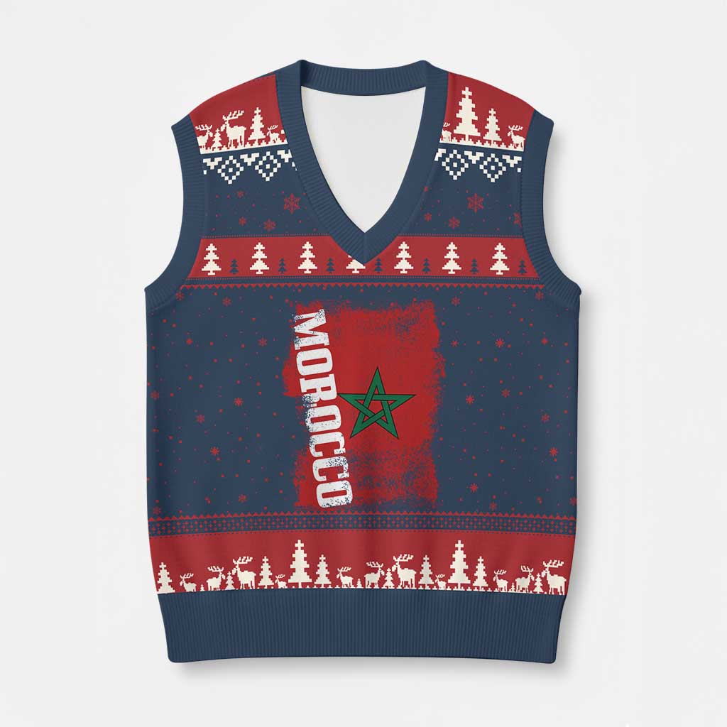 Morocco Flag Distressed Vintage Patriotic Pride Gift for Proud Moroccan V-Neck Knit Sweater Vest