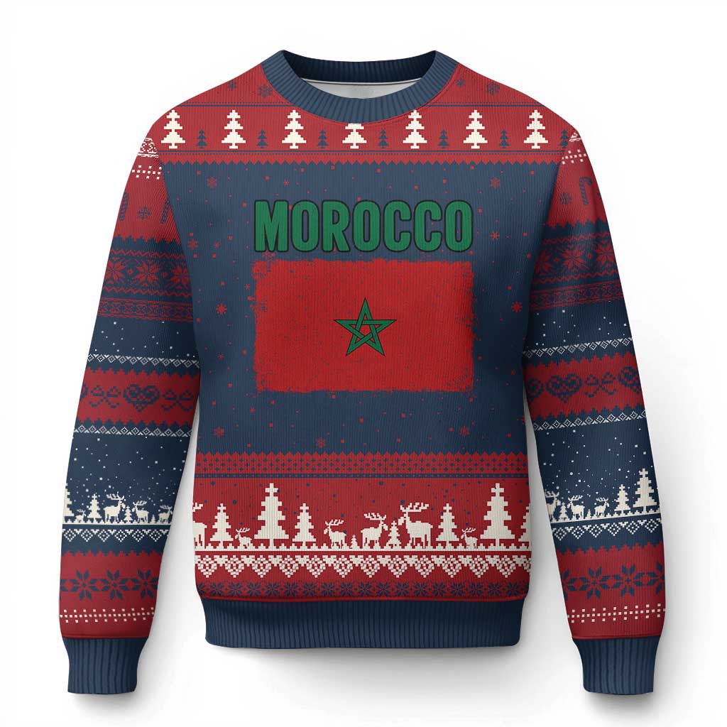 Morocco Flag Ugly Christmas Sweater Vintage Distressed Patriotic Pride Gift for Proud Moroccan