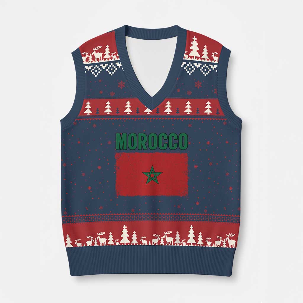 Morocco Flag V-Neck Knit Sweater Vest Vintage Distressed Patriotic Pride Gift for Proud Moroccan