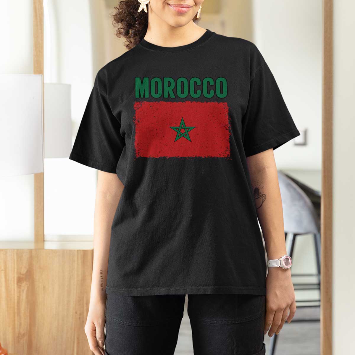 Morocco Flag T Shirt For Women Vintage Distressed Patriotic Pride Gift for Proud Moroccan
