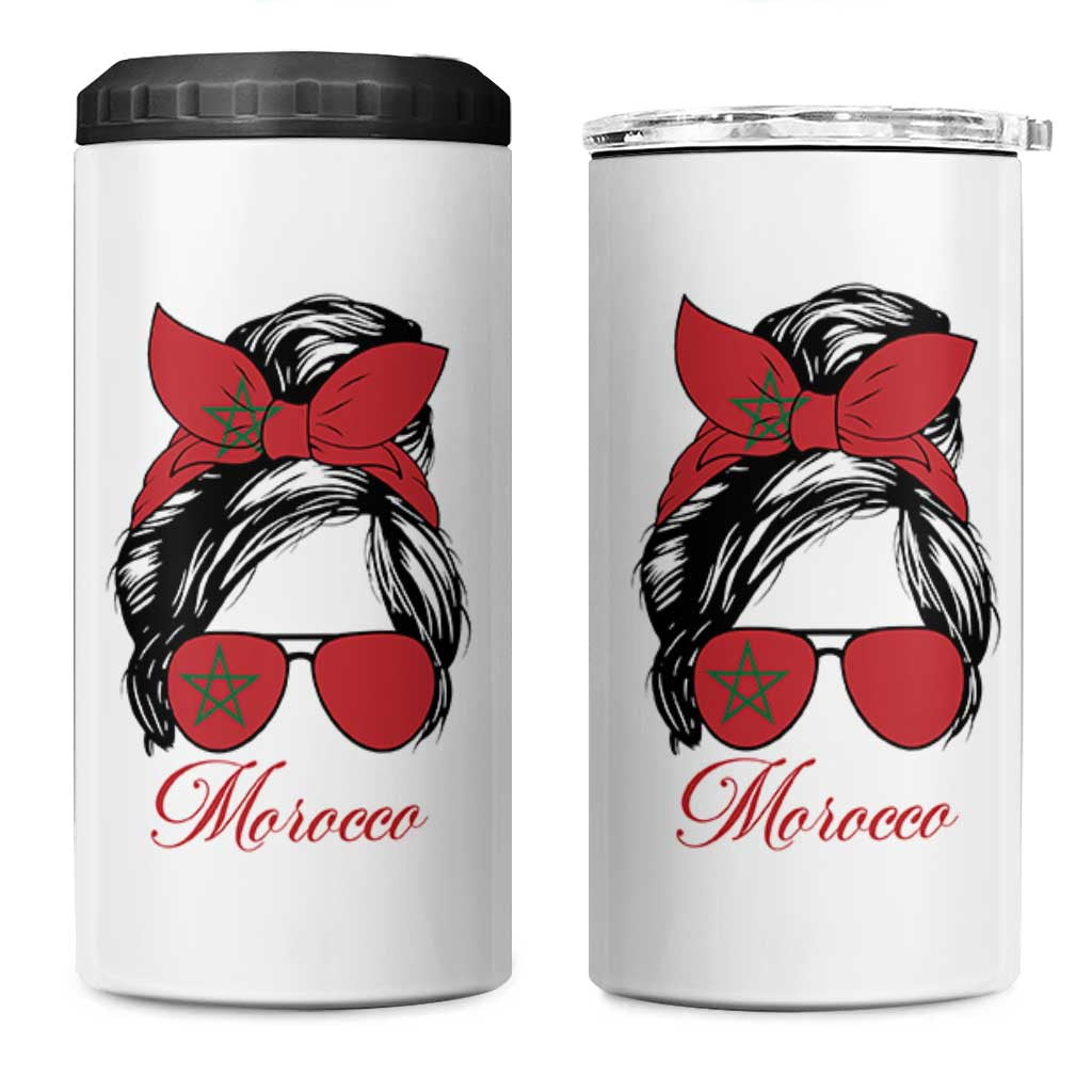Morocco Girl 4 in 1 Can Cooler Tumbler Moroccan Princess Morocco Flag Messy Bun