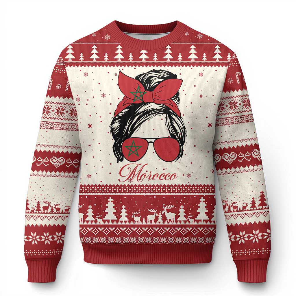 Morocco Girl Ugly Christmas Sweater Moroccan Princess Morocco Flag Messy Bun