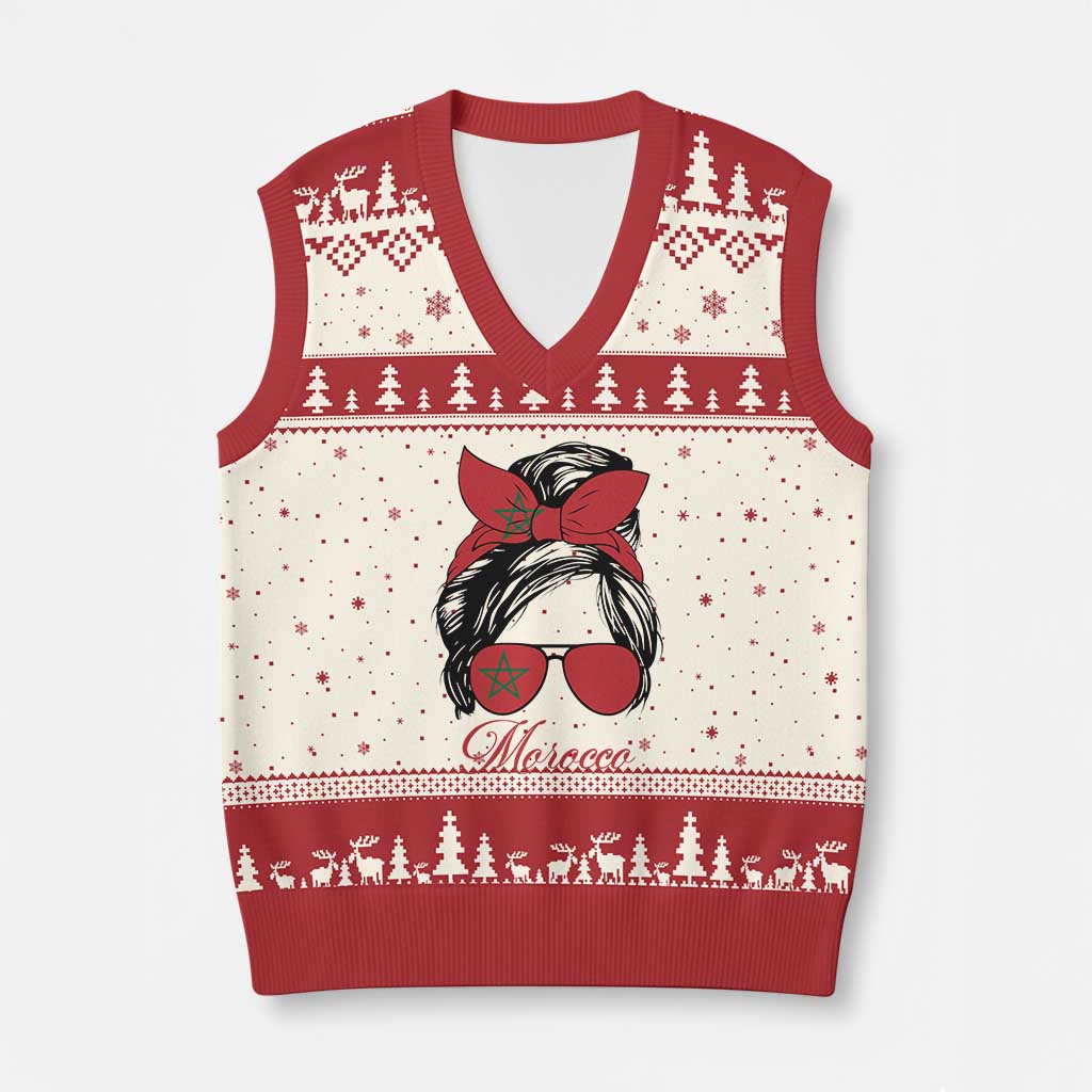 Morocco Girl V-Neck Knit Sweater Vest Moroccan Princess Morocco Flag Messy Bun