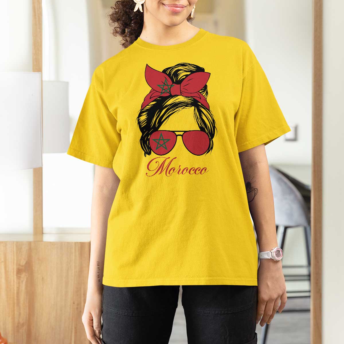 Morocco Girl T Shirt For Women Moroccan Princess Morocco Flag Messy Bun