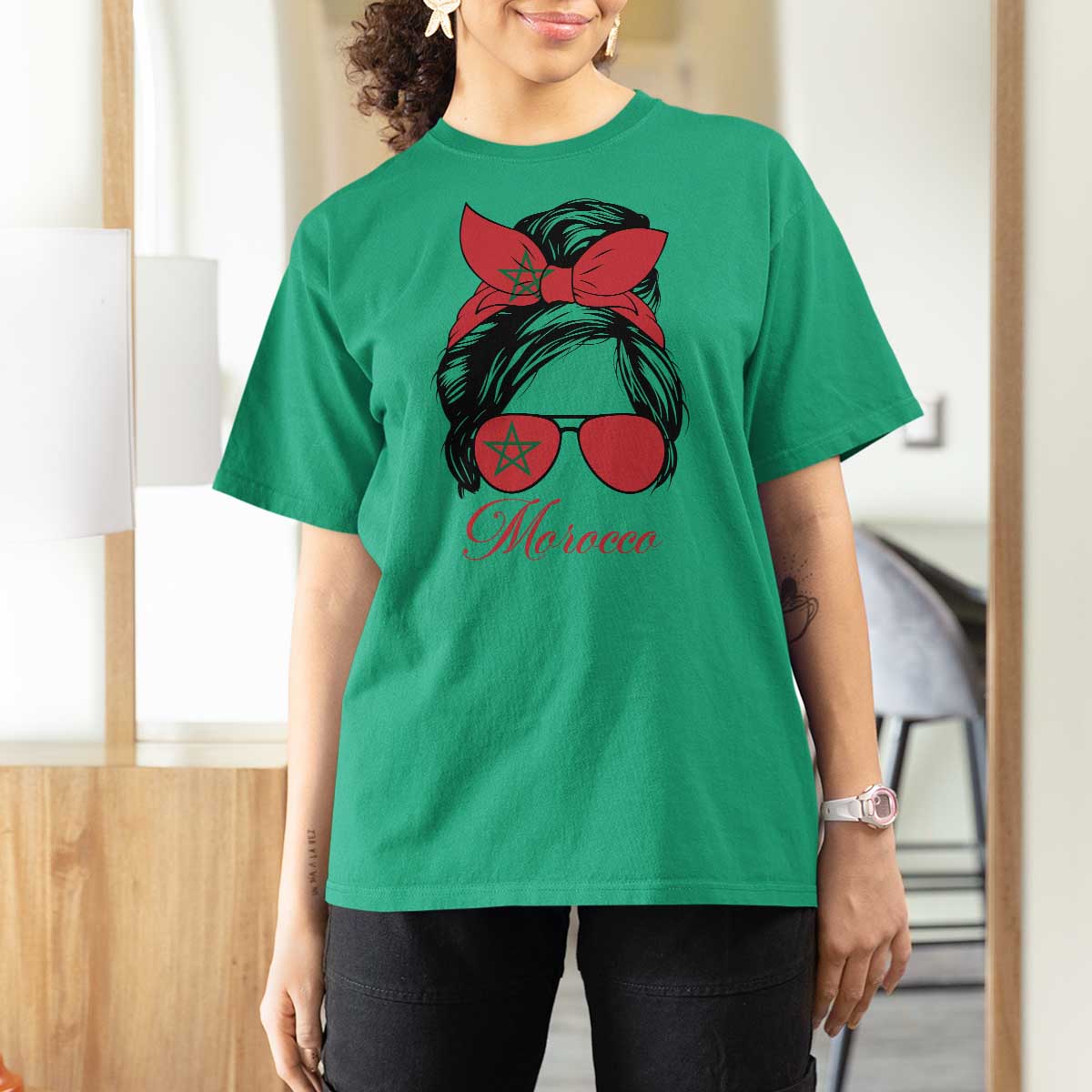 Morocco Girl T Shirt For Women Moroccan Princess Morocco Flag Messy Bun