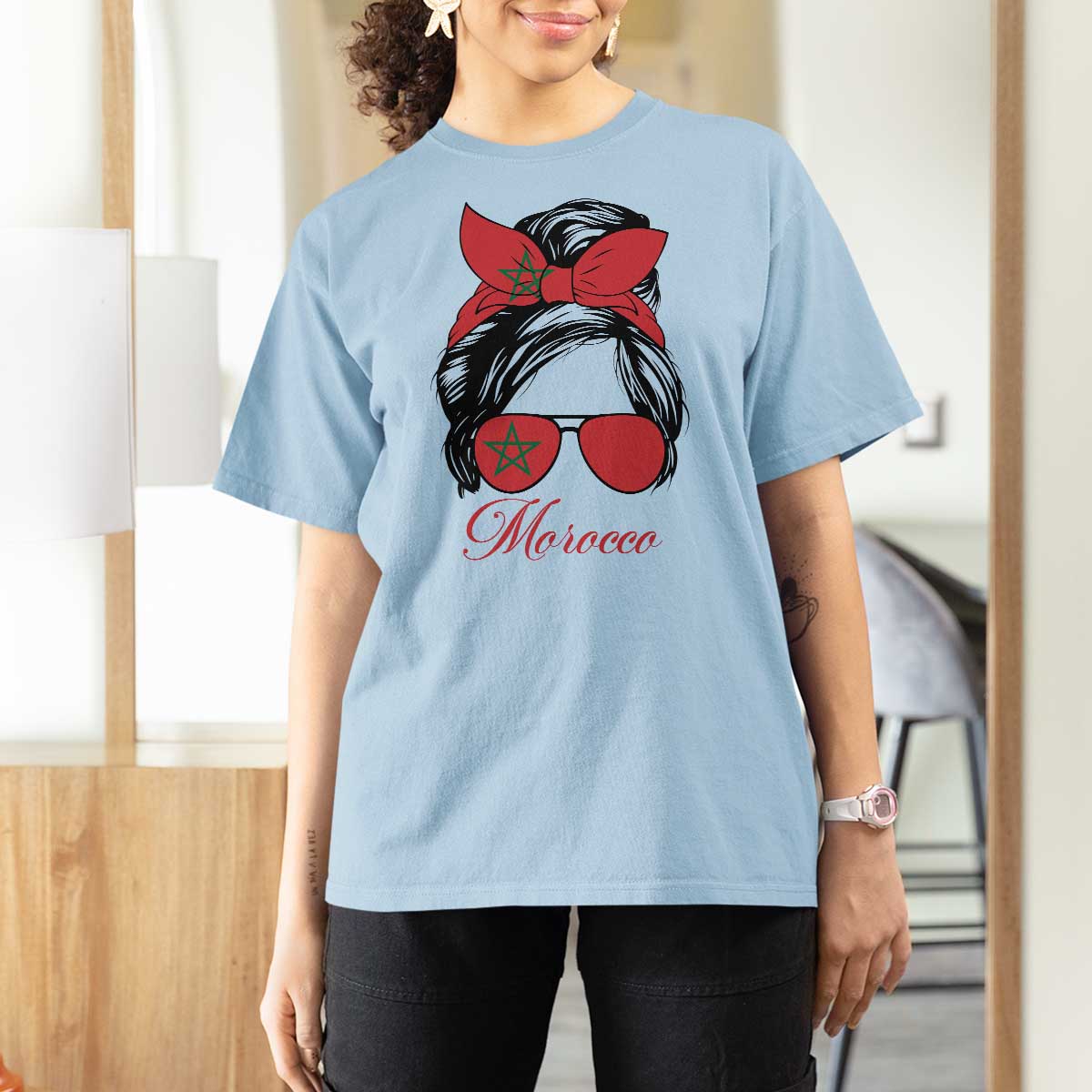 Morocco Girl T Shirt For Women Moroccan Princess Morocco Flag Messy Bun