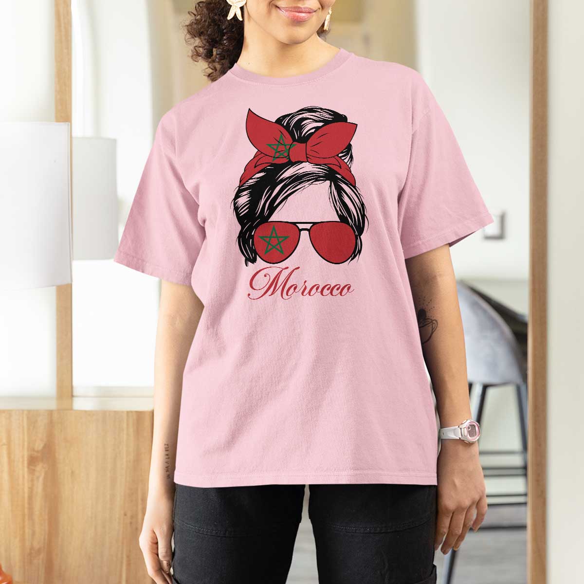 Morocco Girl T Shirt For Women Moroccan Princess Morocco Flag Messy Bun