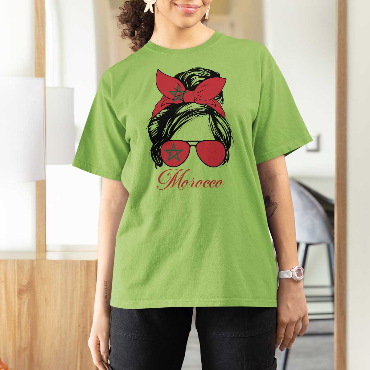 Morocco Girl T Shirt For Women Moroccan Princess Morocco Flag Messy Bun