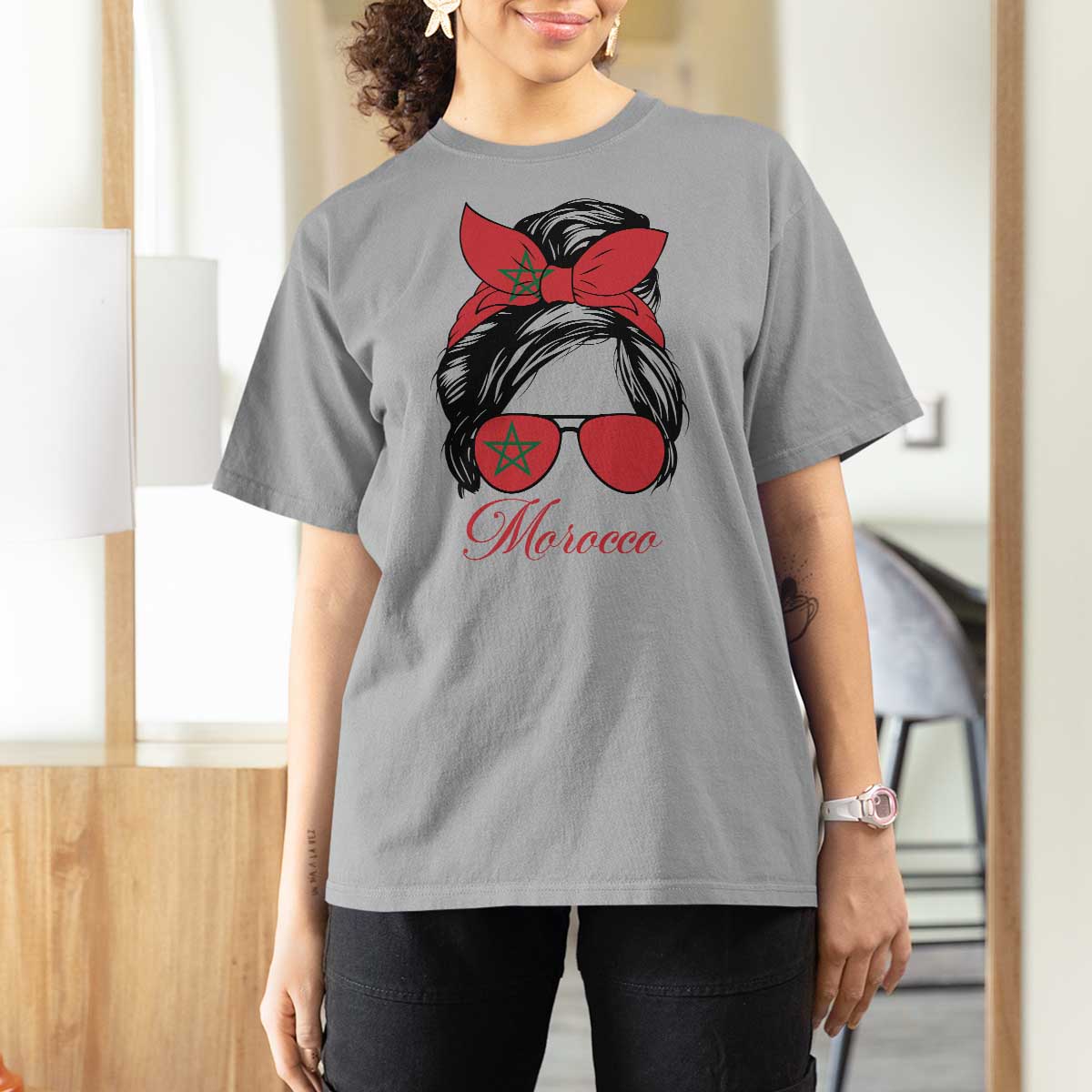 Morocco Girl T Shirt For Women Moroccan Princess Morocco Flag Messy Bun