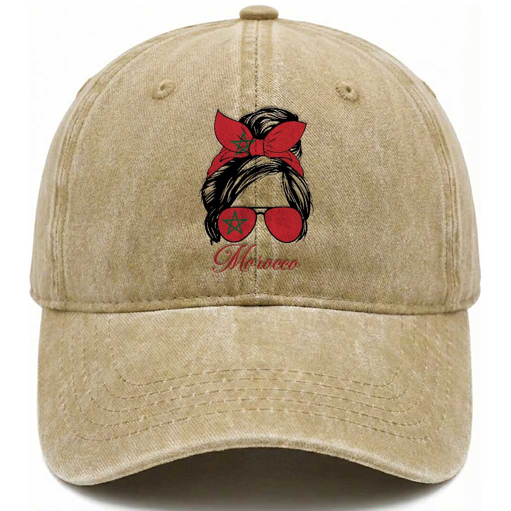 Morocco Girl Washed Cotton Baseball Cap Moroccan Princess Morocco Flag Messy Bun